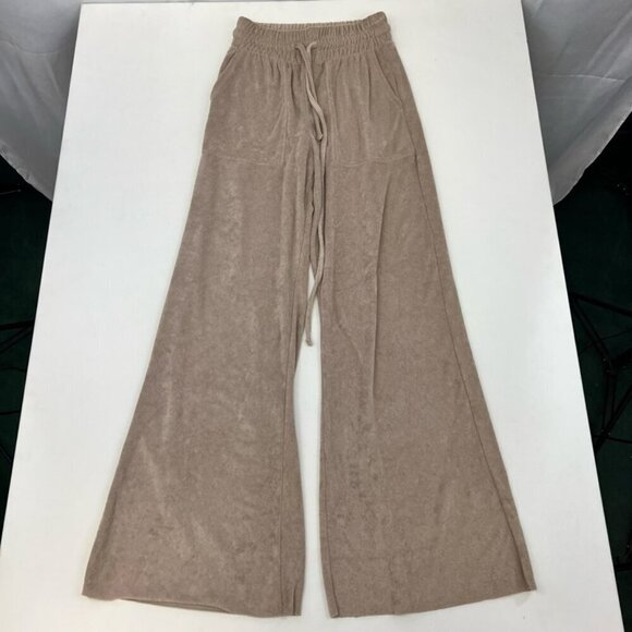 Zenana Outfitters Pants - Zenana Wide Leg Comfy Pants Women's S Tan High Rise Drawstring Pockets Velour